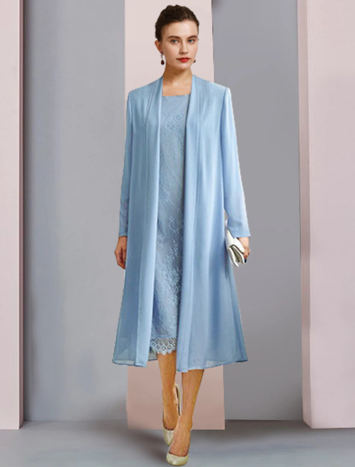 Wholesale  Two Piece Sheath / Column Mother of the Bride Dress Formal Wedding Guest Party Elegant Scoop Neck Tea Length Chiffon Lace 3/4 Length Sleeve with Solid