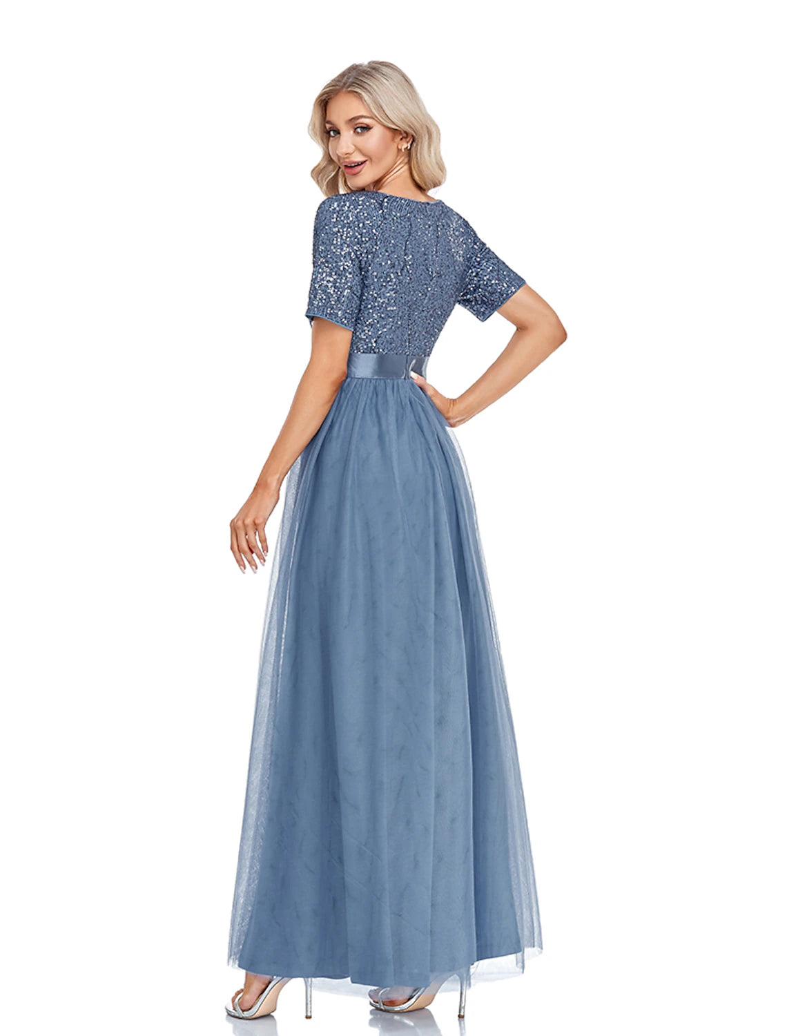 Wholesale  A-Line Evening Gown Sparkle & Shine Dress Wedding Guest Prom Floor Length Short Sleeve V Neck Bridesmaid Dress Tulle with Sequin Splicing