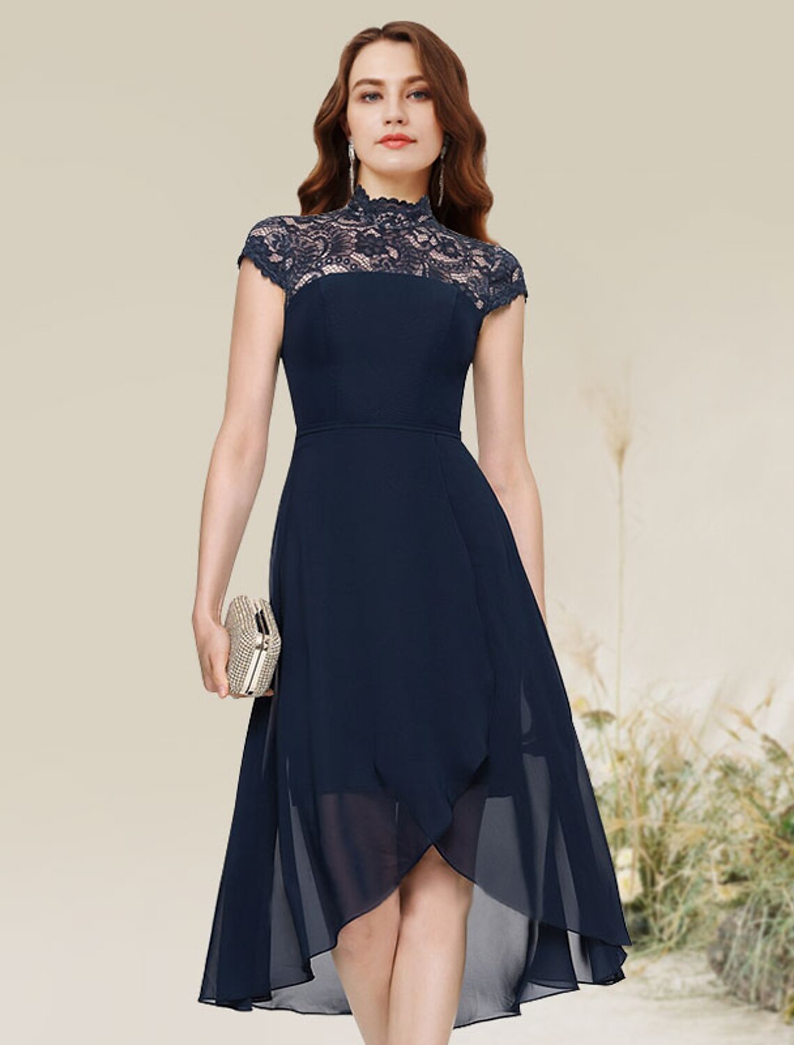 Wholesale A-Line Cocktail Dresses Flirty Dress Homecoming Wedding Guest Asymmetrical Sleeveless Jewel Neck Chiffon with Lace