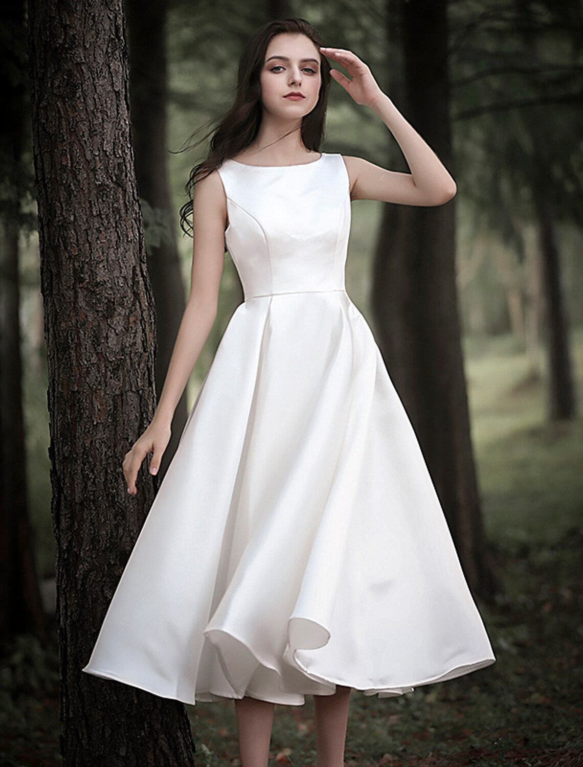 Wholesale  Reception Little White Dresses Wedding Dresses A-Line Scoop Neck Sleeveless Tea Length Satin Bridal Gowns With Solid