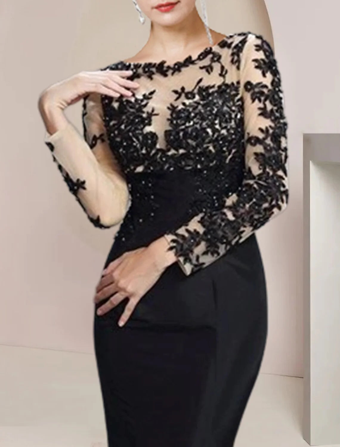 Wholesale Mermaid / Trumpet Mother of the Bride Dress Formal Wedding Guest Party Elegant Jewel Neck Floor Length Satin Lace Long Sleeve with Appliques