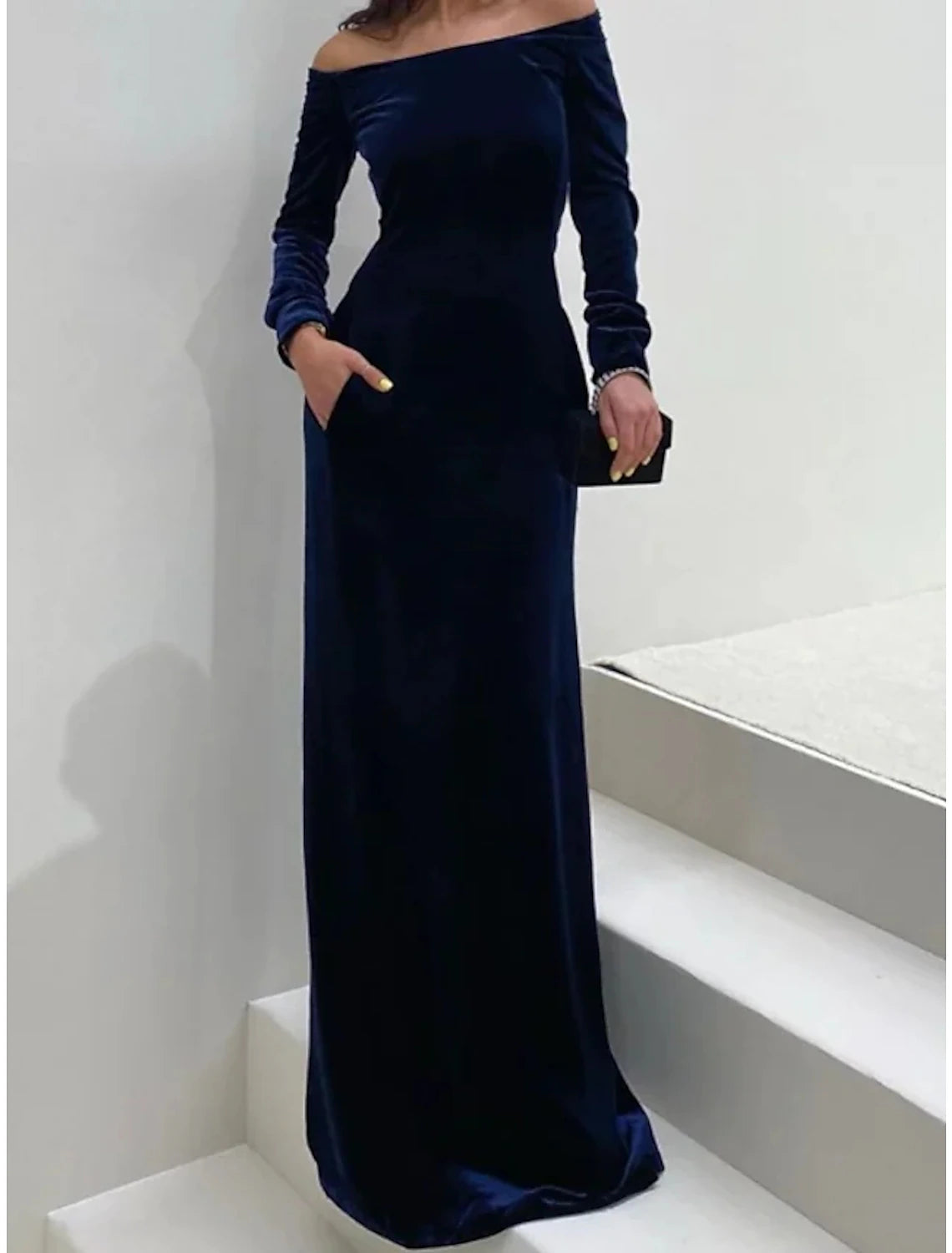 Wholesale Sheath / Column Wedding Guest Dresses Maxi Dress Formal Black Tie Gala Floor Length Long Sleeve Off Shoulder Velvet with Pure Color