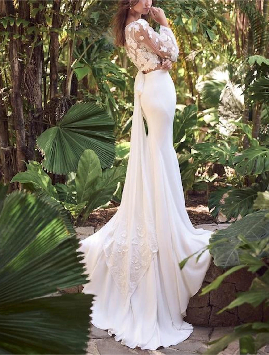 Wholesale Beach Boho Wedding Dresses Two Piece Scoop Neck Separates Long Sleeve Sweep / Brush Train Chiffon Bridal Suits Bridal Gowns With Embroidery Appliques