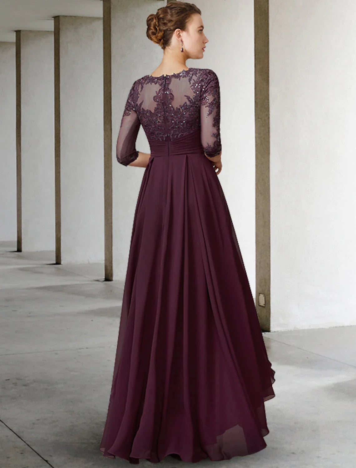Wholesale A-Line Mother of the Bride Dress Elegant High Low Jewel Neck Asymmetrical Floor Length Chiffon Lace Half Sleeve with Pleats Appliques