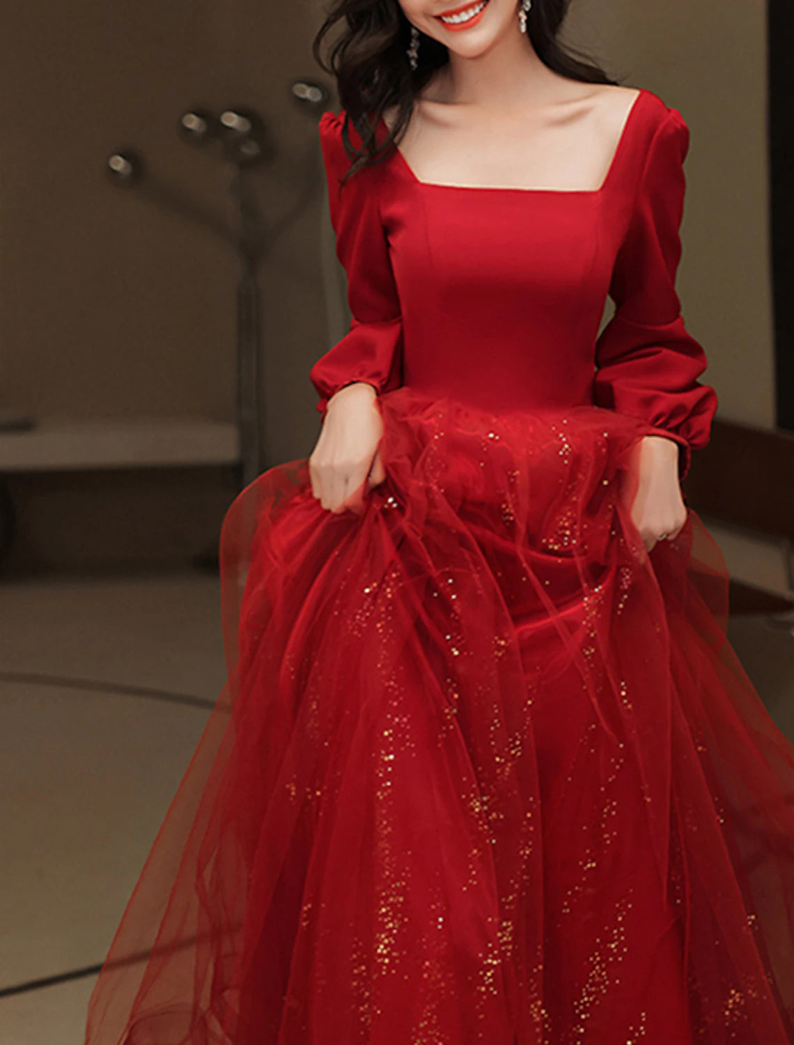 Wholesale A-Line Evening Gown Glittering Dress Engagement Formal Evening Floor Length Long Sleeve Scoop Neck Tulle with Sequin