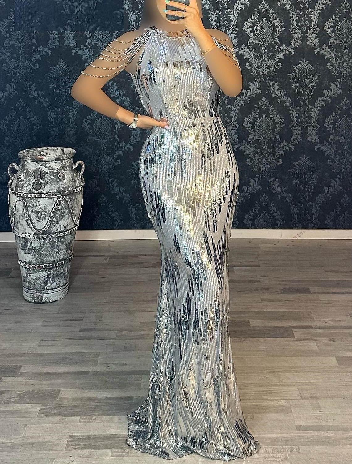 Wholesale Mermaid Evening Black Dress 1920s Dress Masquerade Black Tie Floor Length Short Sleeve Jewel Neck Black Dress Sequined with Fringe Tassel