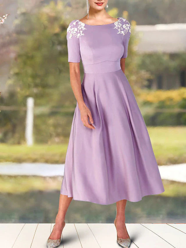 Wholesale A-Line Mother of the Bride Dress Elegant Sweet Jewel Neck Tea Length Charmeuse Short Sleeve with Appliques