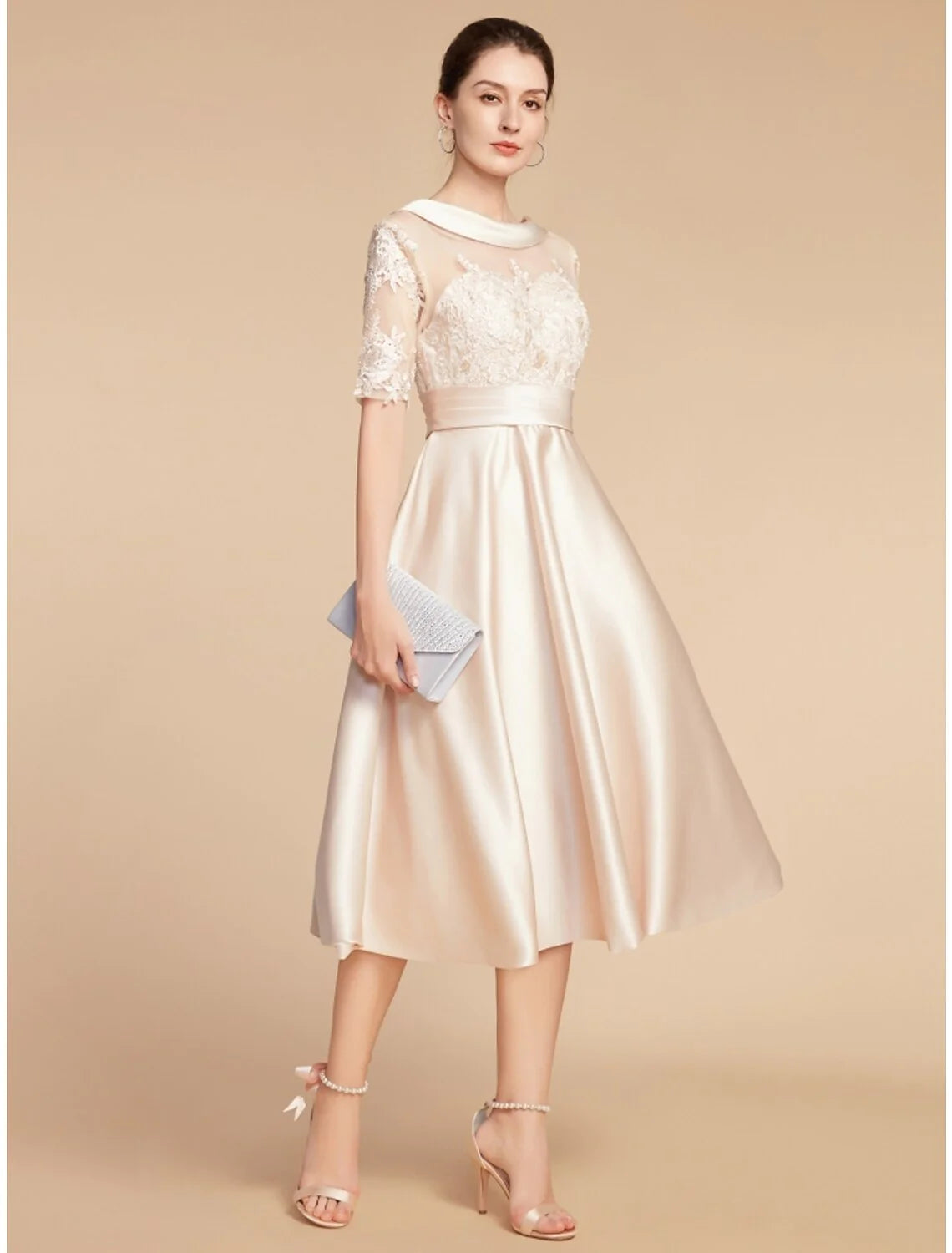 Wholesale A-Line Mother of the Bride Dress Wedding Guest Elegant Petite Scoop Neck Knee Length Satin Lace Half Sleeve with Appliques Ruching Solid Color