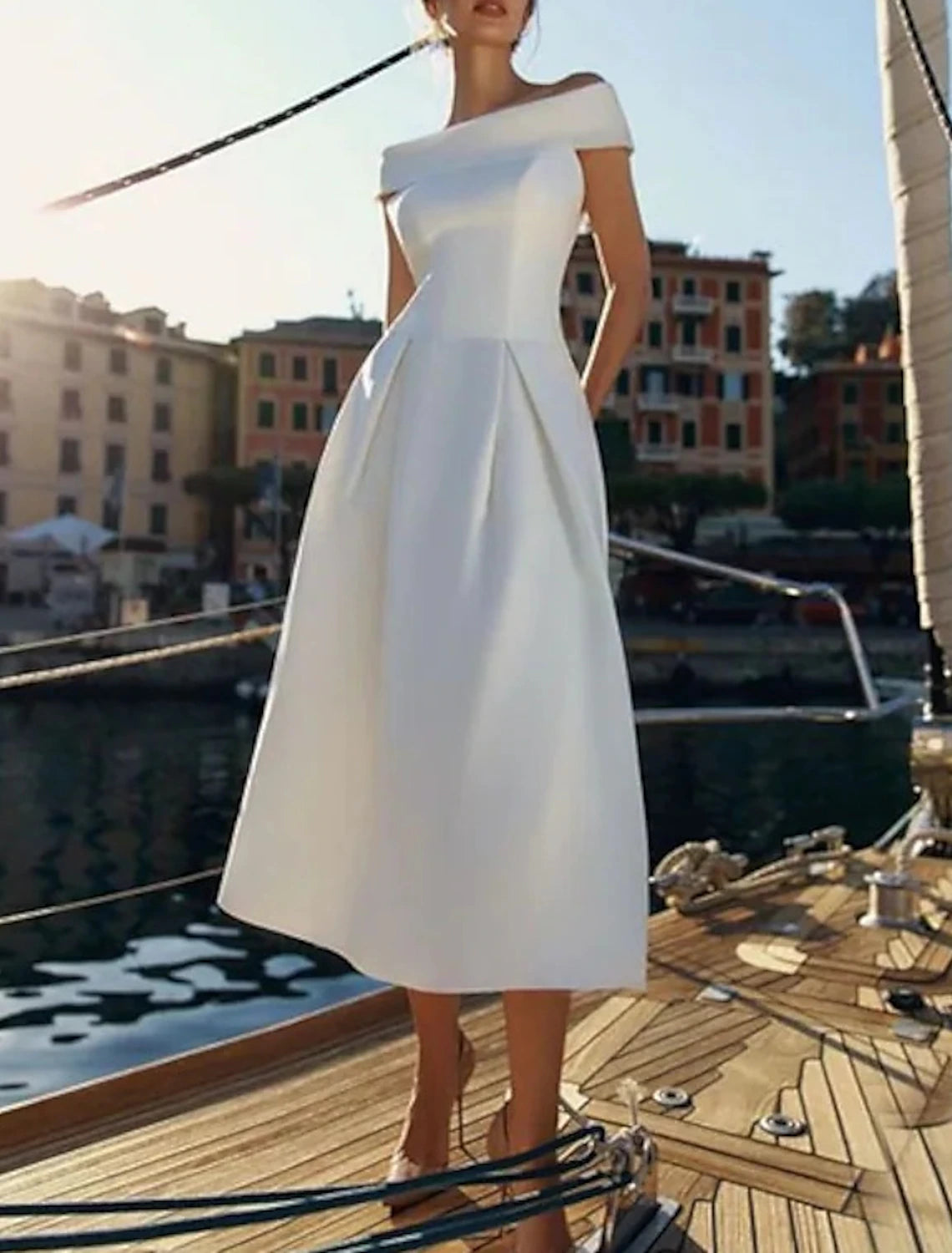 Wholesale A-Line Wedding Guest Dresses Minimalist Dress Wedding Party Birthday Tea Length Short Sleeve Off Shoulder Satin with Pure Color