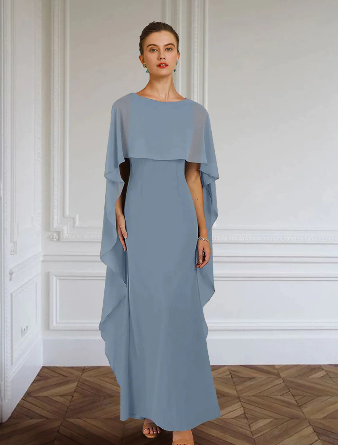 Wholesale Sheath / Column Mother of the Bride Dress Formal Wedding Guest Elegant Simple Jewel Neck Floor Length Chiffon Sleeveless with Side Draping Solid Color