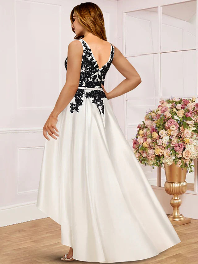 Wholesale Plus Size Curve Mother of the Bride Dress Wedding Guest Party Elegant V Neck Asymmetrical Satin Lace Sleeveless with Pleats