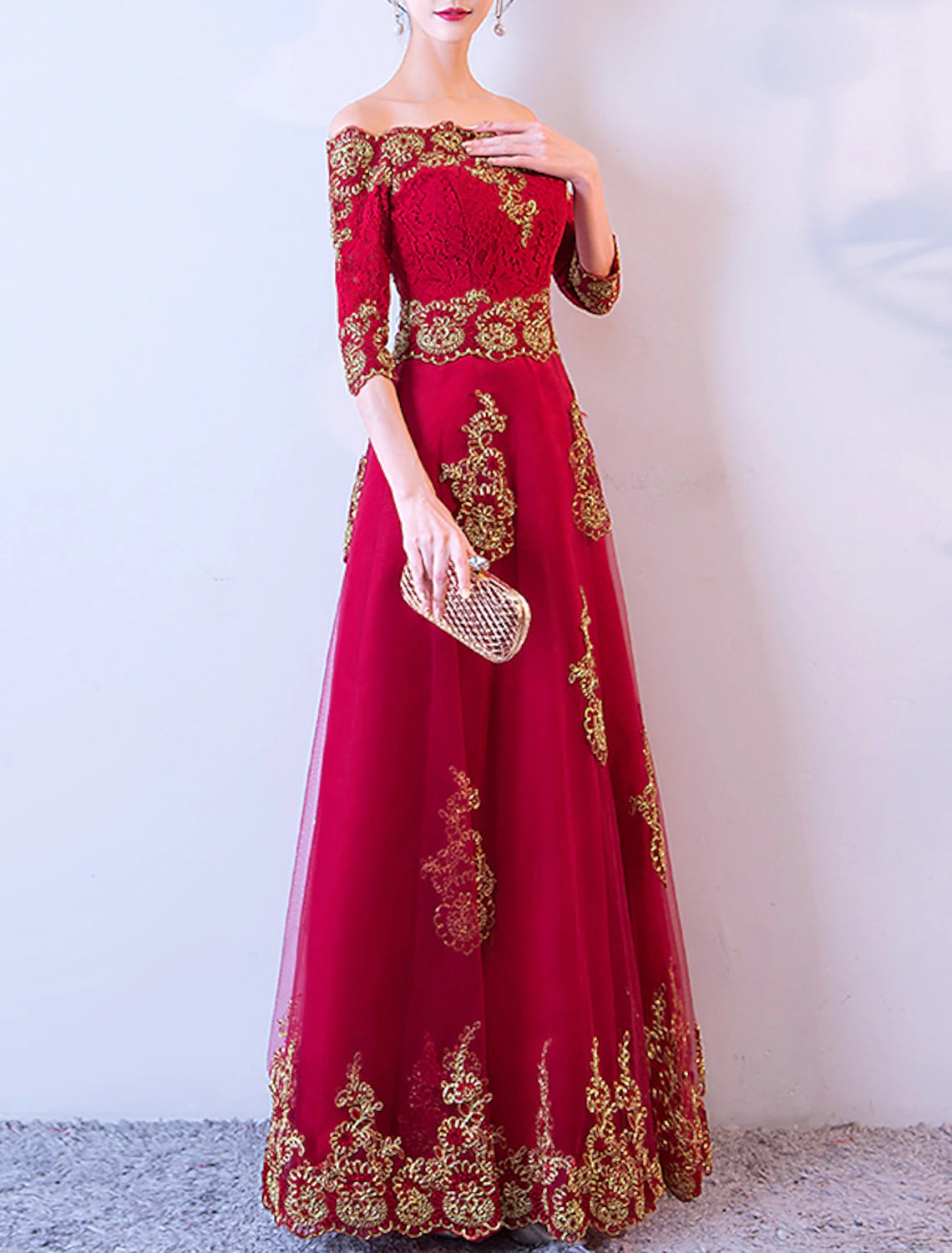 Wholesale A-Line Glittering Floral Engagement Formal Evening Dress Off Shoulder Half Sleeve Floor Length Lace with Embroidery Appliques