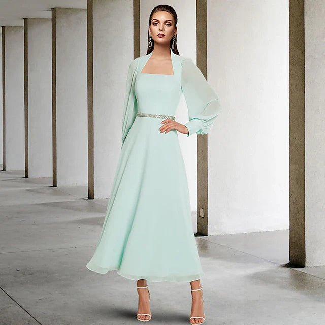 Wholesale Two Piece A-Line Mother of the Bride Dress Church Elegant Square Neck Tea Length Chiffon Short Sleeve Wrap Included with Sash / Ribbon