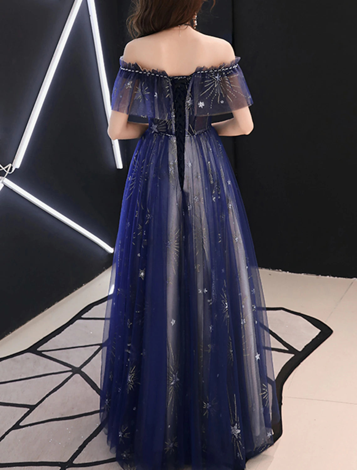 Wholesale A-Line Sparkle Prom Formal Evening Dress Off Shoulder Short Sleeve Floor Length Tulle with Beading Pattern / Print