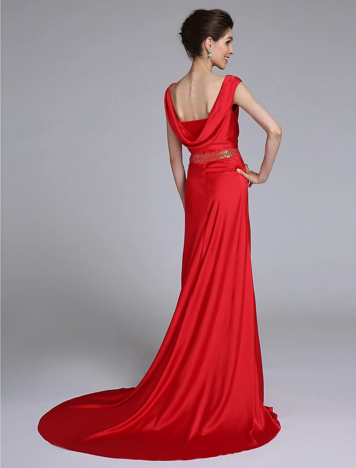 Wholesale Sheath / Column Mother of the Bride Dress Open Back Cowl Neck Court Train Taffeta Sleeveless No with Beading