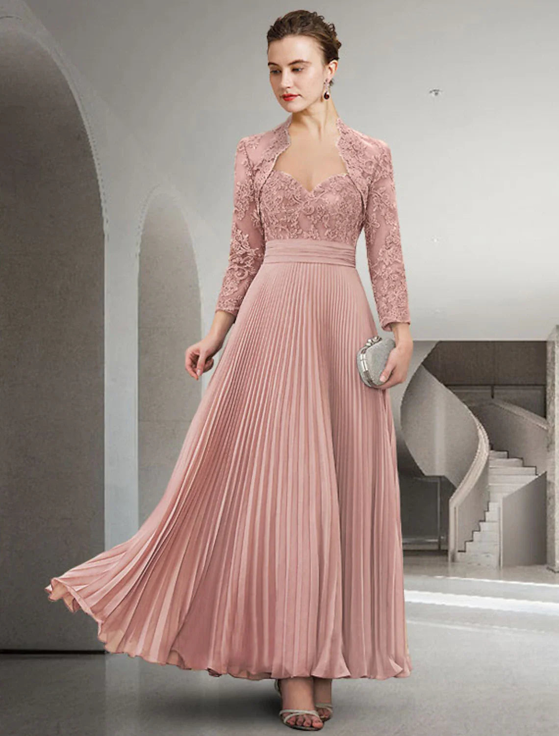 Wholesale Two Piece A-Line Mother of the Bride Dress Elegant Sweetheart Ankle Length Chiffon Lace Long Sleeve with Jacket Wrap Included Pleats Appliques