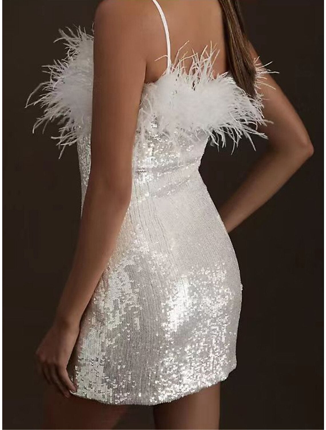 Wholesale Women's Sequin Dress Party Dress Sparkly Dress Feather Dress Homecoming Dress Mini Dress White Sleeveless Sparkly Glitter Spring Fall Winter Spaghetti Strap Fashion Winter Dress Wedding