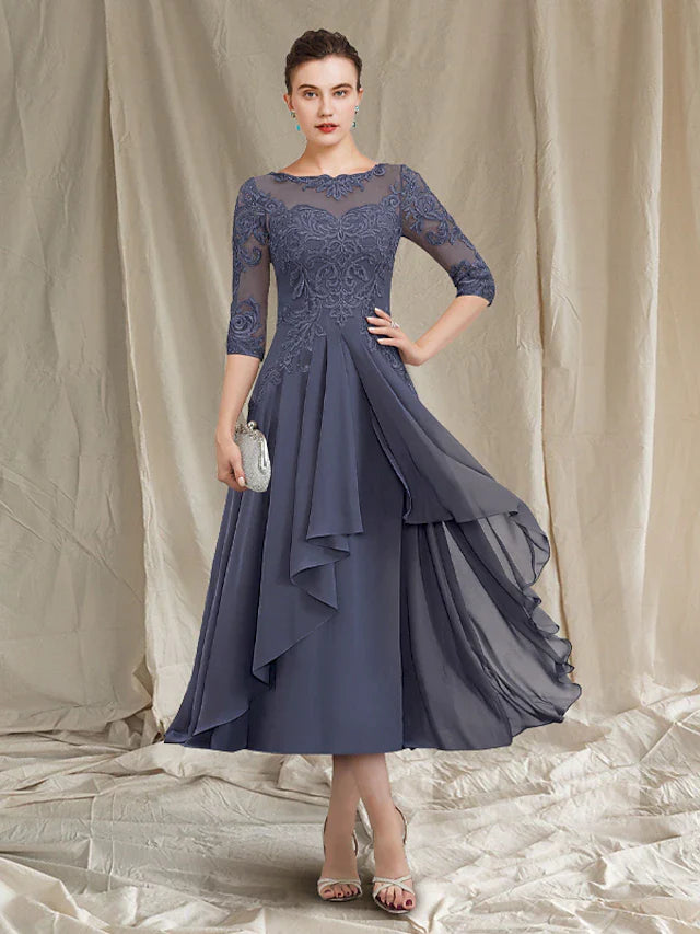 Wholesale A-Line Mother of the Bride Dress Elegant Jewel Neck Tea Length Chiffon Lace 3/4 Length Sleeve with Pleats Appliques