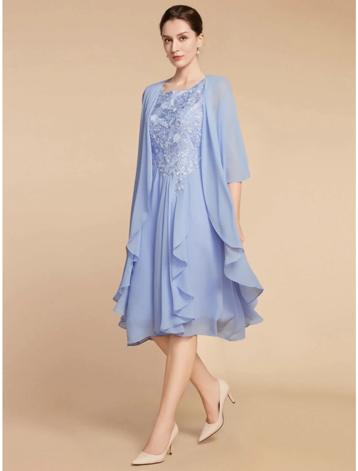 Wholesale Two Piece Sheath / Column Mother of the Bride Dress Wedding Guest Elegant Petite Scoop Neck Knee Length Chiffon Lace Half Sleeve with Ruching Solid Color
