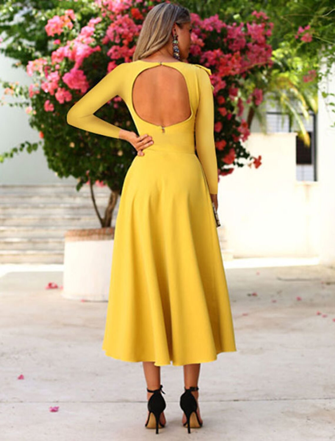 Wholesale A-Line Cocktail Dresses Open Back Dress Wedding Guest Party Wear Tea Length Long Sleeve One Shoulder Stretch Fabric with Ruffles