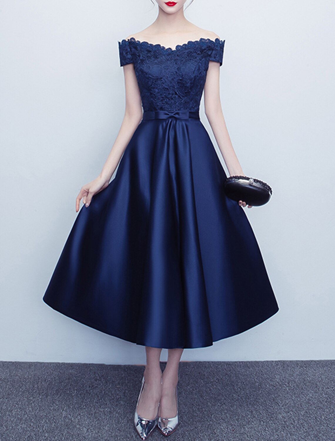 Wholesale A-Line Cocktail Dresses Minimalist Dress Party Wear Wedding Guest Tea Length Short Sleeve Off Shoulder Satin with Sash / Ribbon Bow(s) Pleats
