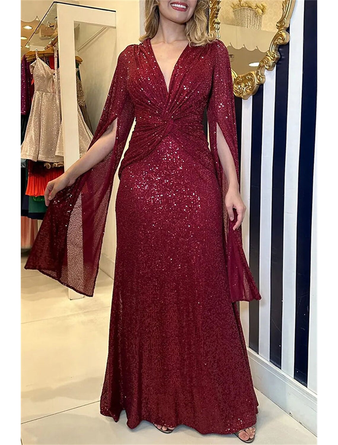 Wholesale Mermaid / Trumpet Evening Gown Elegant Dress Formal Wedding Guest Floor Length Sleeveless V Neck Capes Sequined with Ruched Sequin