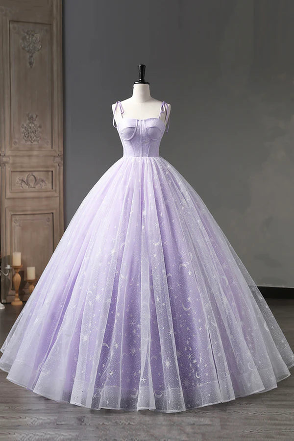 Wholesale Lavender Tulle Straps Floor Length Evening Dress Lavender A-Line Prom Dress