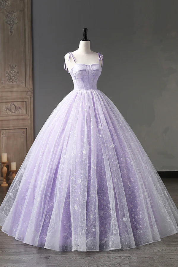 Wholesale Lavender Tulle Straps Floor Length Evening Dress Lavender A-Line Prom Dress