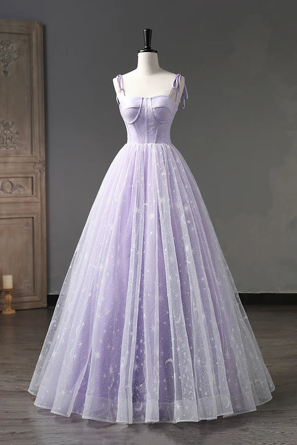 Wholesale Lavender Tulle Straps Floor Length Evening Dress Lavender A-Line Prom Dress