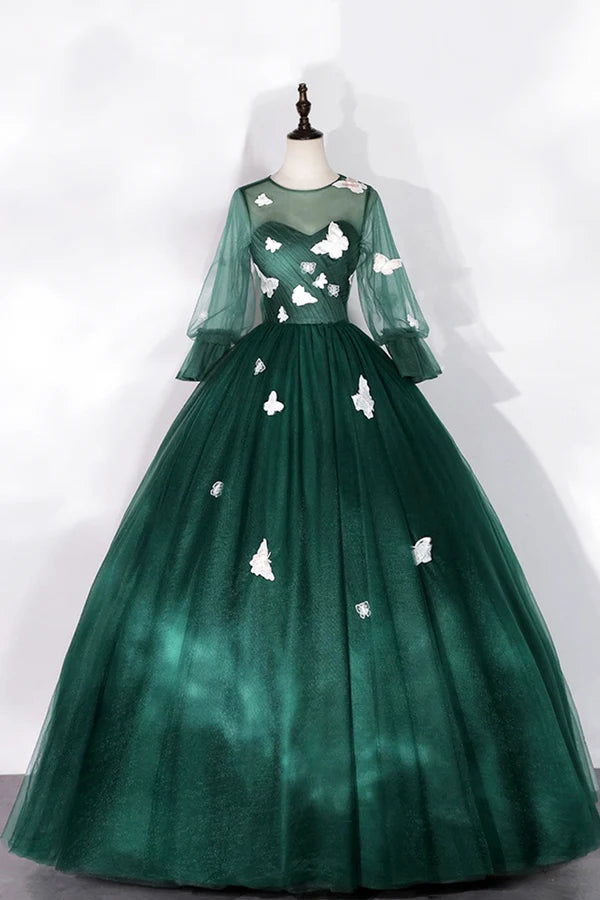 Wholesale Dark Green Tulle Long Prom Dress A-Line Long Sleeve Evening Party Dress with Butterfly Appliques