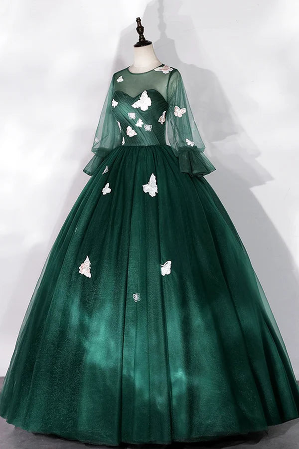 Wholesale Dark Green Tulle Long Prom Dress A-Line Long Sleeve Evening Party Dress with Butterfly Appliques