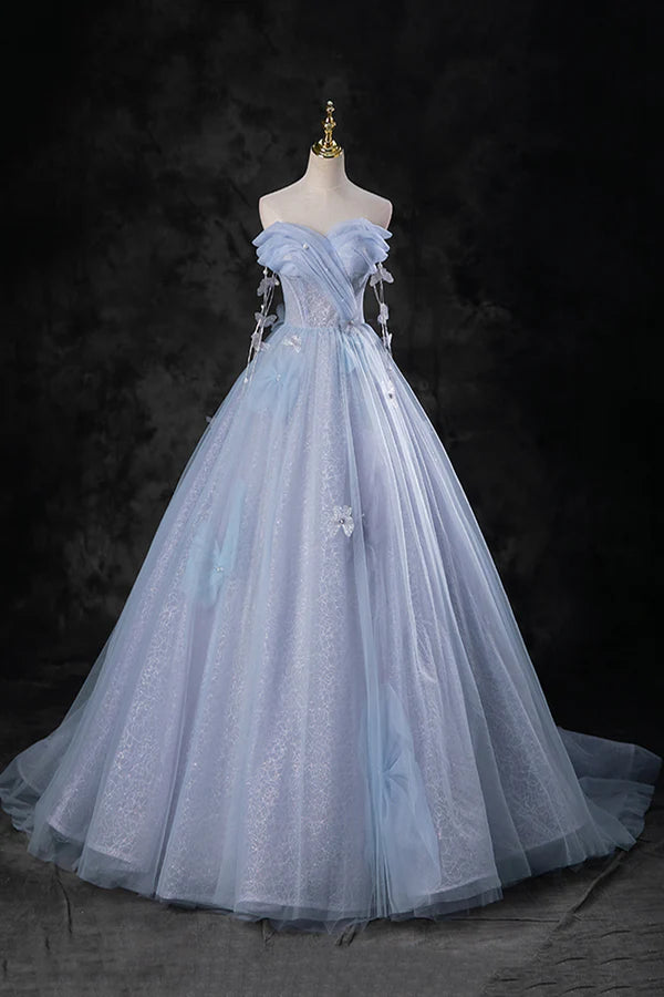 Wholesale Blue Tulle Long A-Line Prom Dress Party Dress Beautiful Off the Shoulder Blue Evening Dress