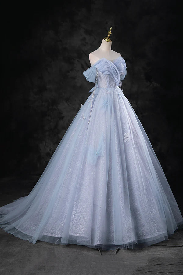 Wholesale Blue Tulle Long A-Line Prom Dress Party Dress Beautiful Off the Shoulder Blue Evening Dress