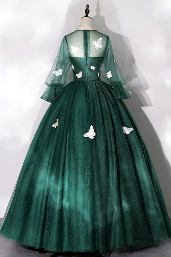 Wholesale Dark Green Tulle Long Prom Dress A-Line Long Sleeve Evening Party Dress with Butterfly Appliques