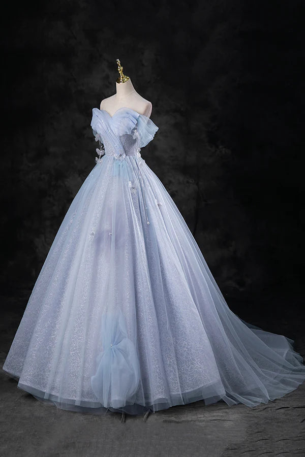 Wholesale Blue Tulle Long A-Line Prom Dress Party Dress Beautiful Off the Shoulder Blue Evening Dress
