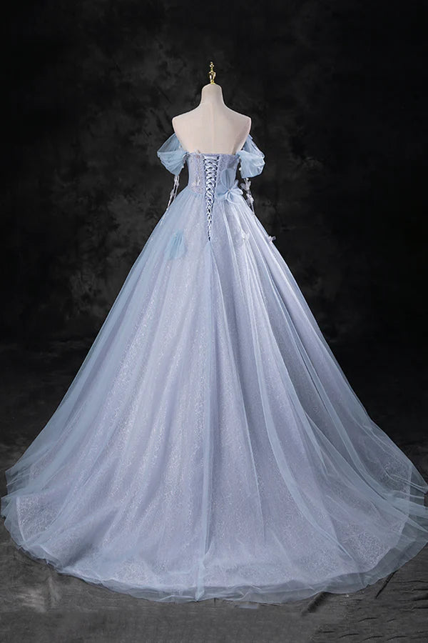 Wholesale Blue Tulle Long A-Line Prom Dress Party Dress Beautiful Off the Shoulder Blue Evening Dress