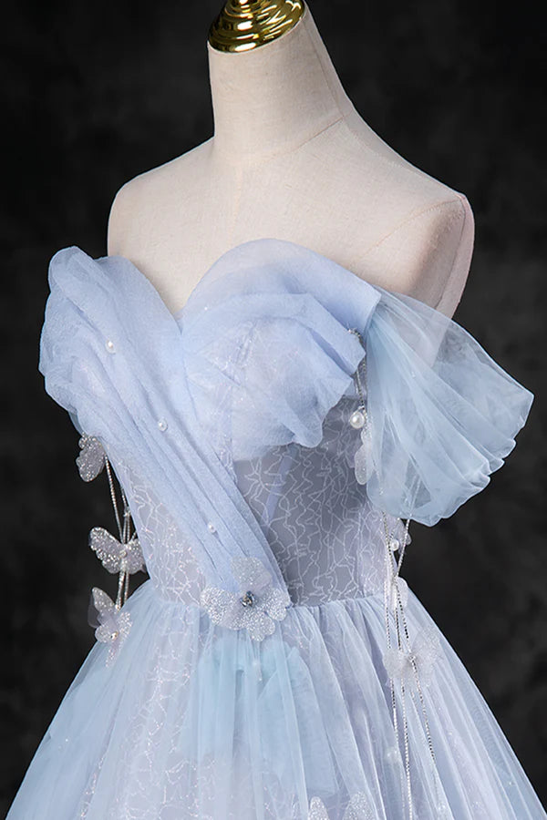 Wholesale Blue Tulle Long A-Line Prom Dress Party Dress Beautiful Off the Shoulder Blue Evening Dress