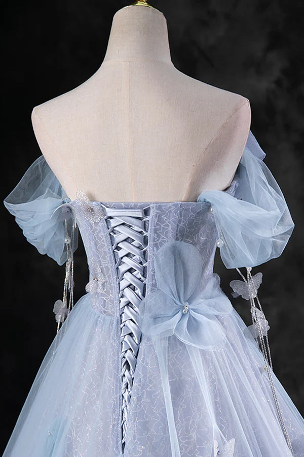 Wholesale Blue Tulle Long A-Line Prom Dress Party Dress Beautiful Off the Shoulder Blue Evening Dress