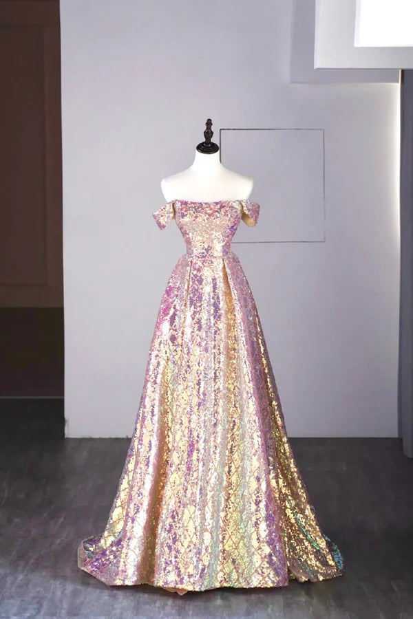Wholesale Shiny Sequins Floor Length Prom Dress Off the Shoulder Evening Party Dress