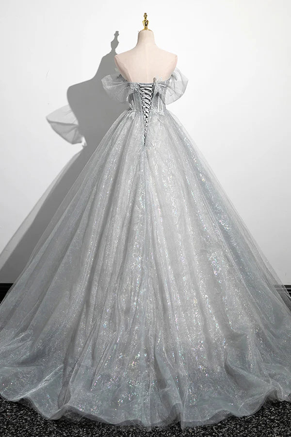 Wholesale Gray A-Line Off the Shoulder Tulle Prom Dress Lovely Corset Floor Length Party Dress