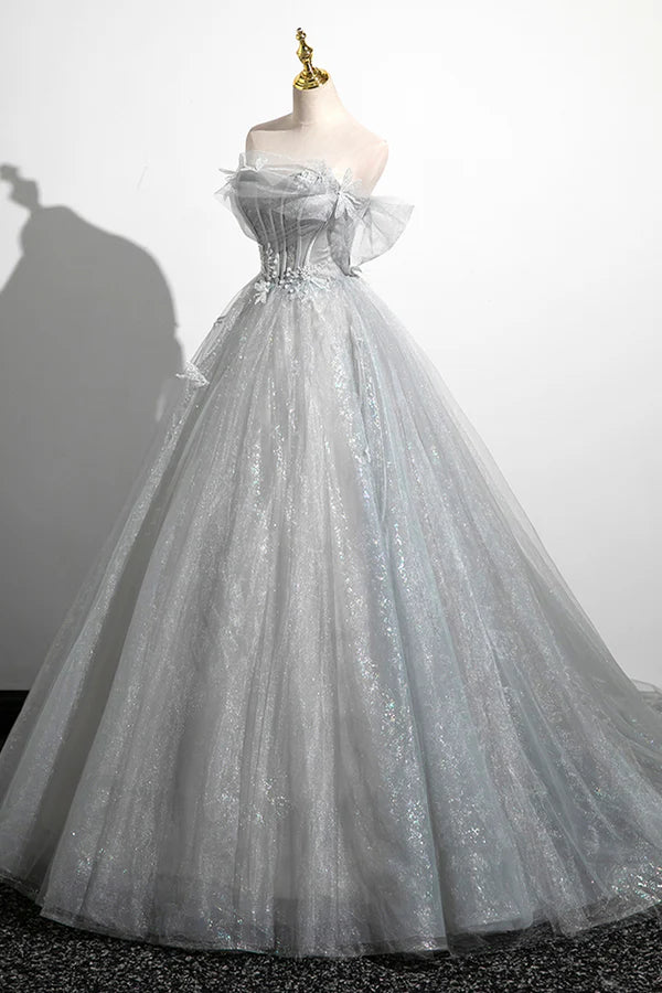 Wholesale Gray A-Line Off the Shoulder Tulle Prom Dress Lovely Corset Floor Length Party Dress