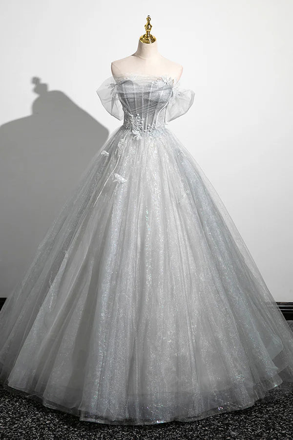 Wholesale Gray A-Line Off the Shoulder Tulle Prom Dress Lovely Corset Floor Length Party Dress