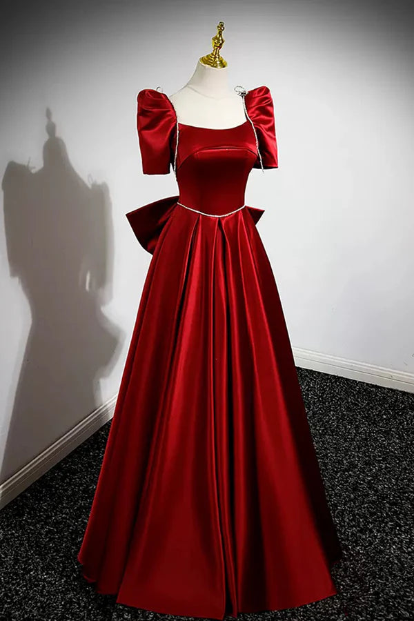 Wholesale Burgundy Satin Long Prom Dress A-Line Evening Dress with Bow