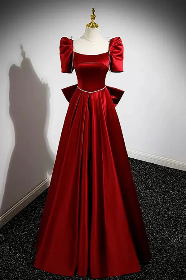 Wholesale Burgundy Satin Long Prom Dress A-Line Evening Dress with Bow