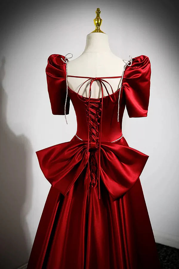 Wholesale Burgundy Satin Long Prom Dress A-Line Evening Dress with Bow