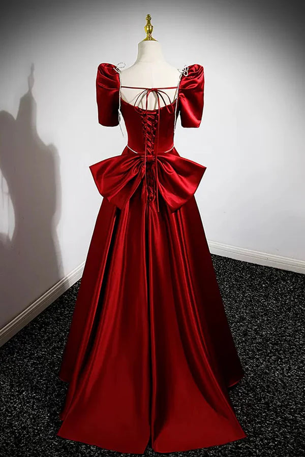 Wholesale Burgundy Satin Long Prom Dress A-Line Evening Dress with Bow