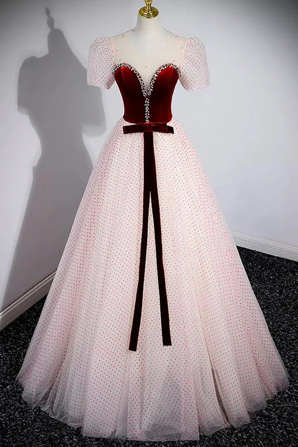 Wholesale Cute Tulle Long Prom Dress with Velvet A-Line Short Sleeve Evening Dress