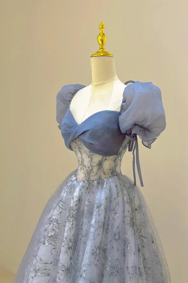 Wholesale Beautiful Tulle Lace Long Prom Dress Blue Short Sleeve Evening Dress