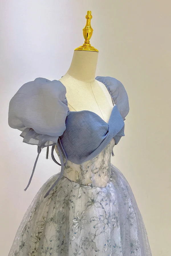 Wholesale Beautiful Tulle Lace Long Prom Dress Blue Short Sleeve Evening Dress