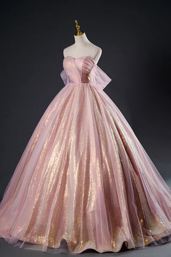 Wholesale Shiny Tulle Sequins Long Prom Dress Beautiful Pink Formal Dress Sweet 16 Dress